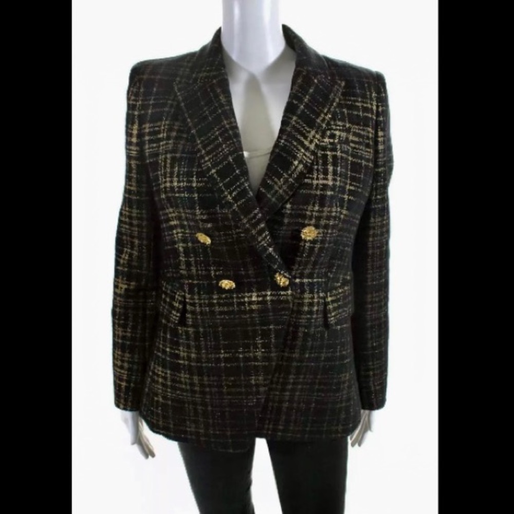 Elie Tahari Womens Cotton Plaid Metallic Notched Collar Blazer Black Size 6